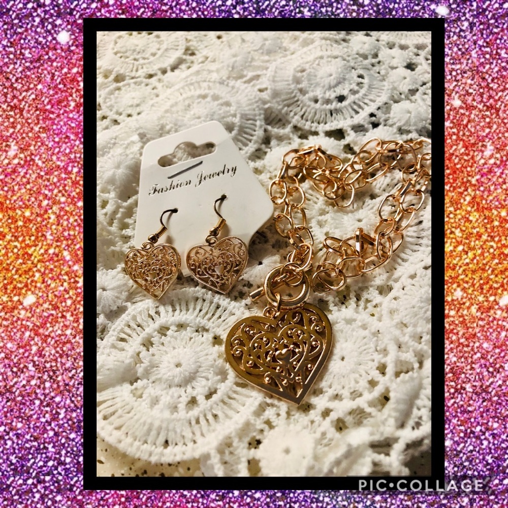 Gold colored Heart-shaped necklace & earring set